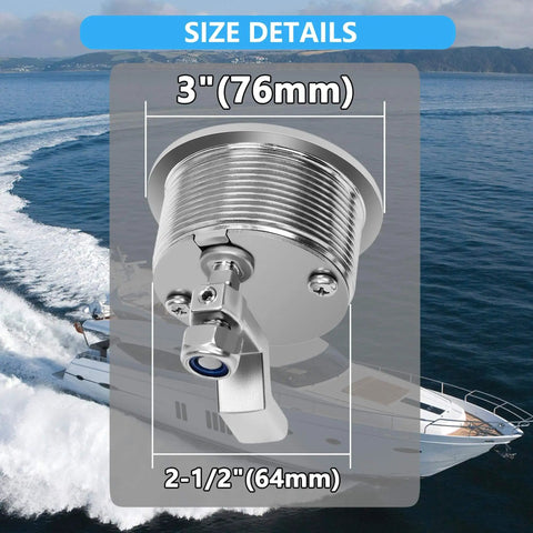 Non Locking Flush Mount Boat Cam Latch Fits Two And A Half Inch Hole Surface Mount 316 Stainless Steel Marine Hatch Lock For Doors And Panels Corrosion Resistant Easy Install with size details on blue oceanic background