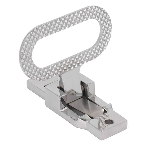 Front view of 316 stainless steel marine folding foot pedal with knurled loop and mounting base.