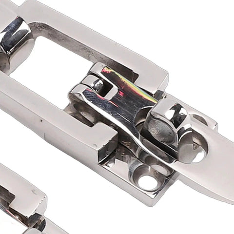 Close-up of marine-grade stainless steel boat hatch latch with center tension cam and padlock hole