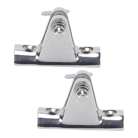 Two stainless steel Bimini top deck hinges with spring pins; front view.