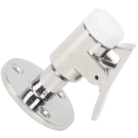 Front view of stainless steel marine-grade door catch with spring-loaded bolt and circular base.