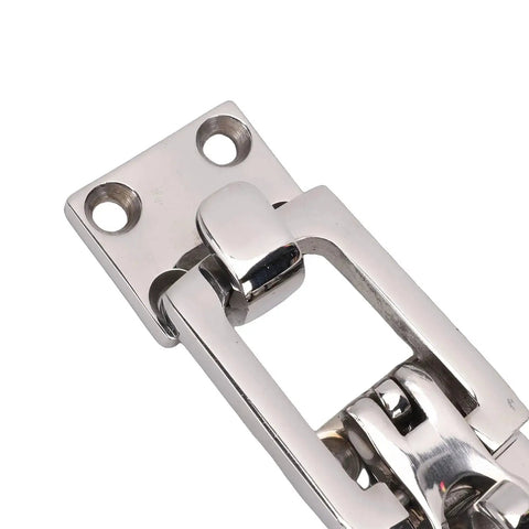 Front close-up of chrome boat anti-rattle latch; 316 stainless steel marine hatch clamp with center cam.