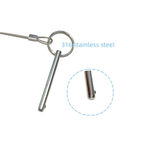 Close-up of quarter inch 316 stainless steel quick release pin with lanyard for bimini tops and marine hardware