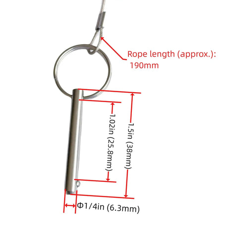 Four Sets Quarter Inch Diameter Single Ball Quick Release Pins Made From 316 Stainless Steel For Bimini Tops And Marine Hardware With Lanyard And Screws Clamping Length One Inch Ideal For Awning Roofs Boat Tops Deck Hinges And Marine Fittings, shown with dimensions and rope length