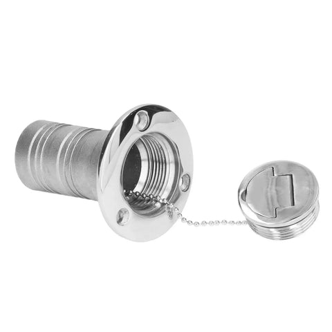 Chrome 38mm stainless steel marine refueling port with flange, threaded body and tethered cap