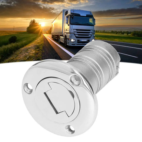 Close-up of 38mm marine-grade 316 stainless steel refueling port with keyless cap and O-ring seal
