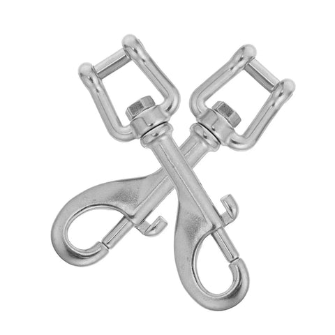Front view of two 100mm 316 stainless steel bolt snap clips for scuba gear