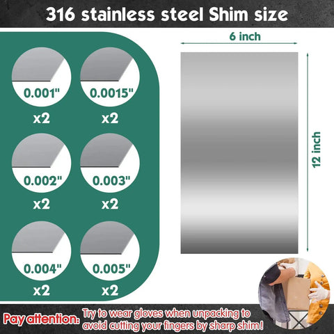 Diagram showing 316 Stainless Steel Shim Stock Kit With 12 Flat Shims in sizes from 0.001 to 0.005 inch, perfect for DIY crafts.