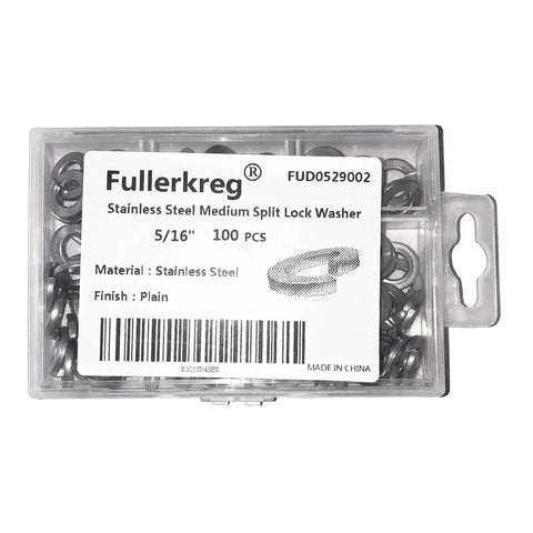 Pack of 100 Split Lock Washers 5/16 Inch, 18-8 Stainless Steel in clear plastic packaging