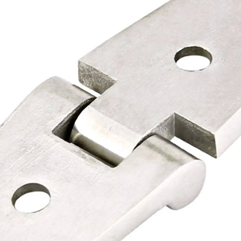 Boat hatch hinge, mirror-polished 316 stainless steel with screw holes (close-up view)