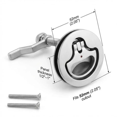 Marine grade 316 stainless steel boat cam latch set fits 52mm hole cutouts and 1/2 to 1 inch panels, side view with screws