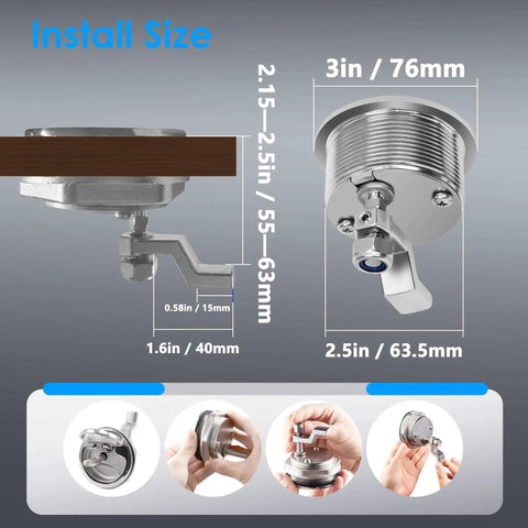 Diagram showing 316 stainless steel keyed cam latch with flush mount offers secure privacy for boats, featuring a 3 inch face plate and 2.5 inch hole, corrosion resistant, easy two finger operation, and reliable protection for valuables.