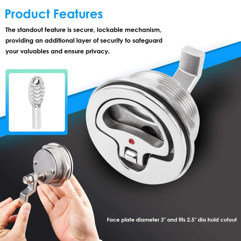 316 stainless steel keyed cam latch with flush mount offers secure privacy for boats, featuring a 3 inch face plate and 2.5 inch hole