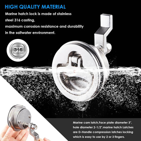 316 stainless steel keyed cam latch with flush mount offers secure privacy for boats, featuring a 3 inch face plate and 2.5 inch hole