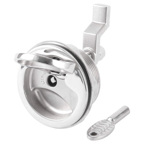 316 stainless steel keyed cam latch with flush mount offers secure privacy for boats, featuring a 3 inch face plate and 2.5 inch hole.