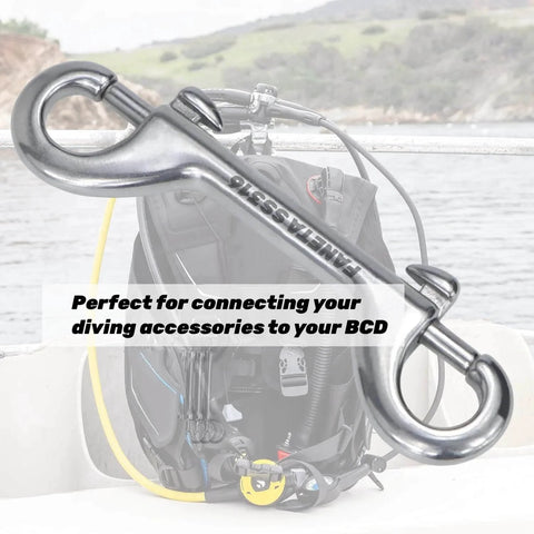 316 Stainless Steel Double Ended Bolt Snap Hook Marine Grade Diving Clips Heavy Duty Trigger Chain Clip Key Holder For Pet Feed Bucket Hammock Horse Tack 90mm Silver 2 Pack shown with scuba gear
