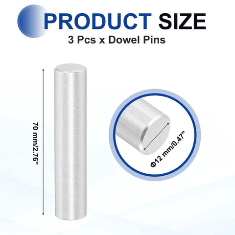 Industrial Grade 3 Pcs 12 x 70 Mm 316 Stainless Steel Dowel Pins Set dimensions and close-up