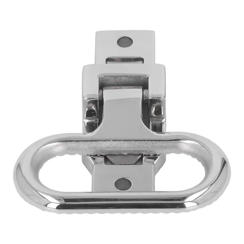 Close-up of marine folding foot pedal in chrome stainless steel with spring-loaded hinge and mounting plate.