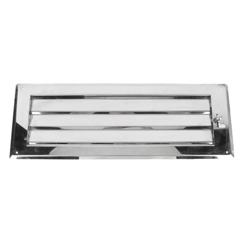 Front view of stainless steel louvered vent, rectangular 22 x 7.9 in, mirror-polished finish, adjustable with lock