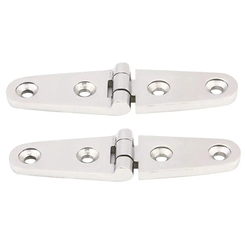 Pair of 316 stainless steel marine hatch hinges, mirror-polished with mounting holes (front view).