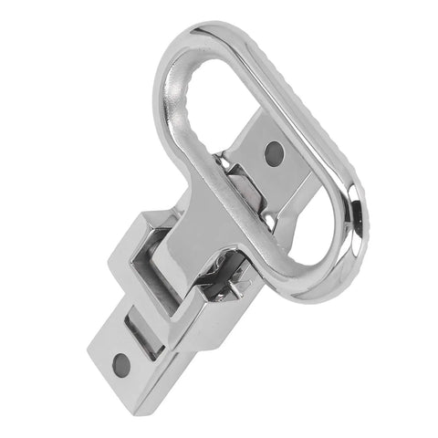 Front close-up of chrome 316 stainless steel marine folding foot pedal with ring and mounting base