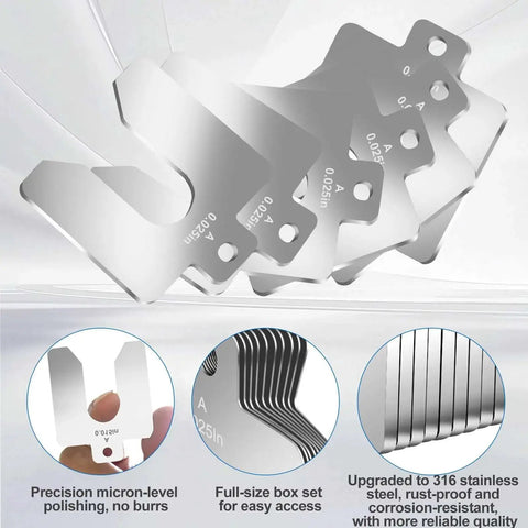 80 Piece Size A 2 By 2 Inch Stainless Steel Slotted Shim Go To Pro Grade Shop Kit with 316 Stainless Steel, different thicknesses shown