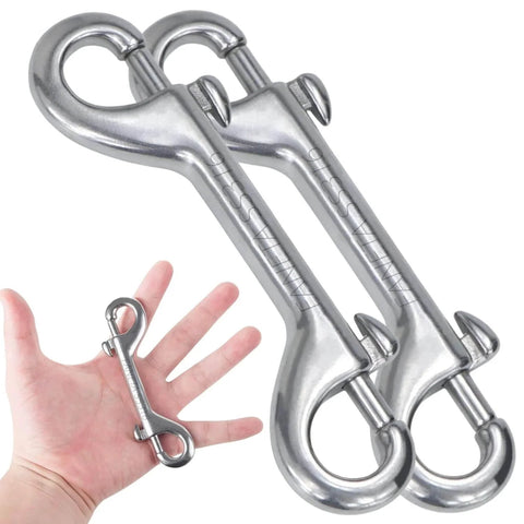 Two 316 Stainless Steel Double Ended Bolt Snap Hooks held in hand, marine grade heavy duty clips for diving, 90mm, silver, key holder, 2 pack.