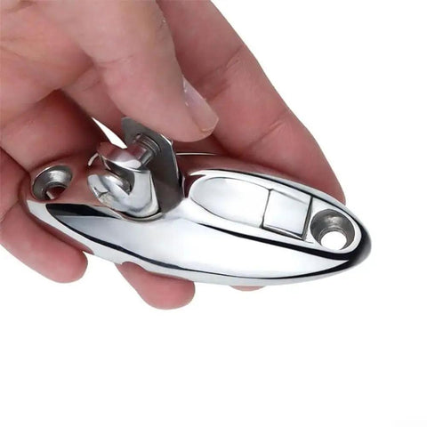 Close-up of 316 stainless steel swivel deck side-mount hinge with quick-release, mirror-polished marine hardware