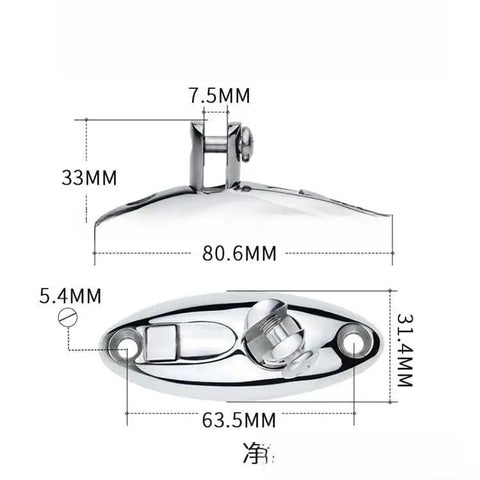 Front and side view of mirror-polished 316 stainless steel swivel deck hinge with quick-release for bimini top.