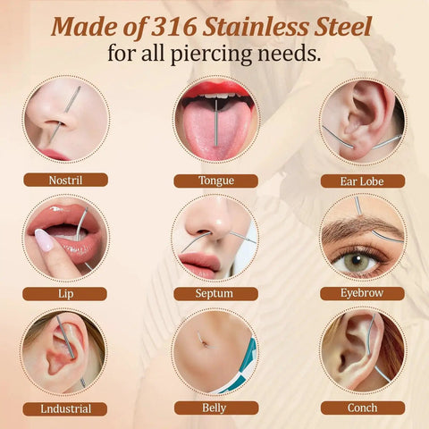 Illustration showing various piercings used with All In One Piercing Insertion Tool Set 18 Pieces With 14G 16G 18G 20G Tapers.
