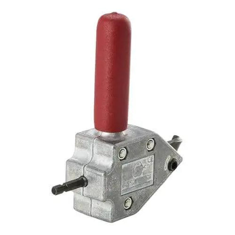 Turbo Sheet Metal Shear Attachment For Drills, 20 Gauge Capacity, Lightweight Aluminum Head, red grip handle, front view