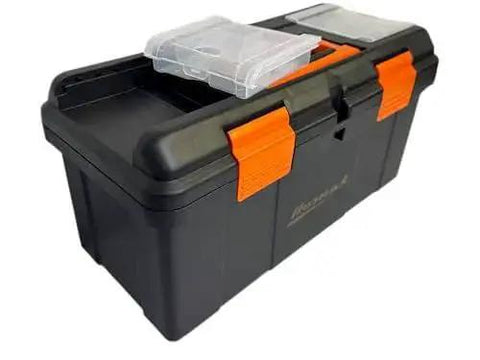 Heavy Duty Plastic Toolbox With Tray And Dividers Black 22 Inch Storage Case For Tools With Removable Lid Compartments Double Latch Security Built For Tough Jobs