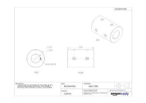 Rigid coupling, 1 in bore, 2 in OD, 3 in length, black oxide–plated mild steel with two 5/16-18 x 1/2 in set screws.
