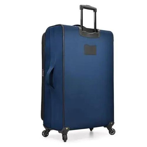 Navy Aviron Bay expandable softside luggage with spinner wheels, 31-inch size, durable 600D two-tone polyester, side view.