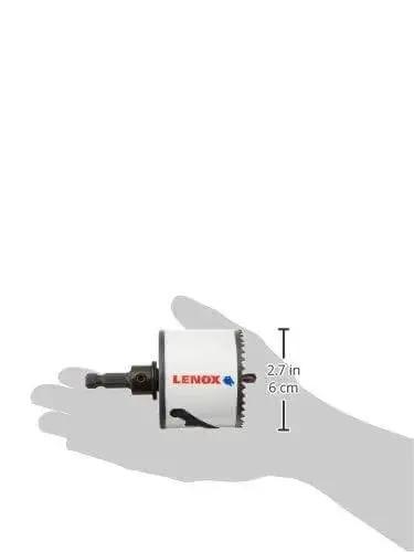 Bi Metal Hole Saw Two And A Half Inch With Speed Slot For Easy Plug Ejection Arbor Style shown held in hand, side view.