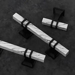 Ten Pack White Marble Grain Kitchen Cabinet Knobs With Black T Bar Hardware Two Tone Square Dresser Drawer Handles on dark surface
