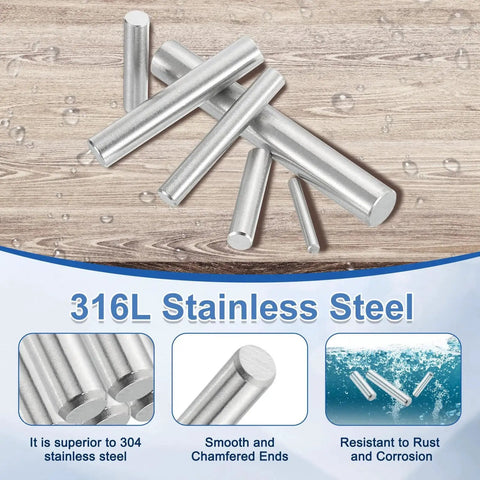 20 Pcs 5 Mm By 22 Mm Dowel Pins 316L Stainless Steel Cylindrical Dowel Pins silver tone on wooden surface showing durability and chamfered ends
