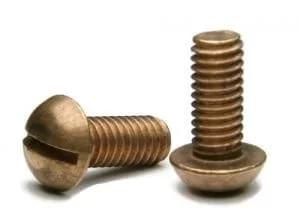 Silicon Bronze Electrical Screw Kit With Nuts And Washers And Insulated Screwdriver 377 Pieces In Compartments Box Includes 125 Screws 125 Nuts 125 Flat Washers Corrosion Resistant Fasteners For Breakers Lugs And Buss Bars, close-up of two bronze screws