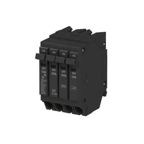 Q-Line THQLQ152015 Quad Circuit Breaker 120/240 VAC, front view showing 15A 1P and 20A 2P configuration for load centers.