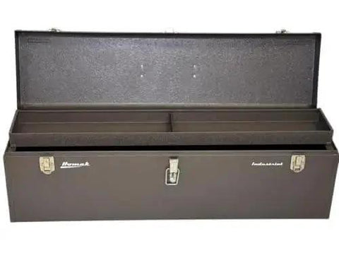 Front view of 32-Inch Industrial Steel Toolbox With Brown Wrinkle Powder Coat, Padlockable Security, Steel Tool Tray Included, Heavy-Duty