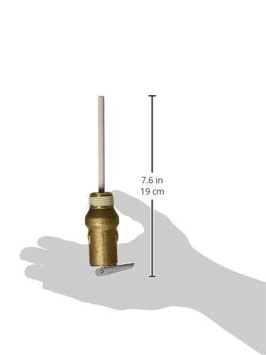 Small brass temperature and pressure relief valve with vertical stem and lever.