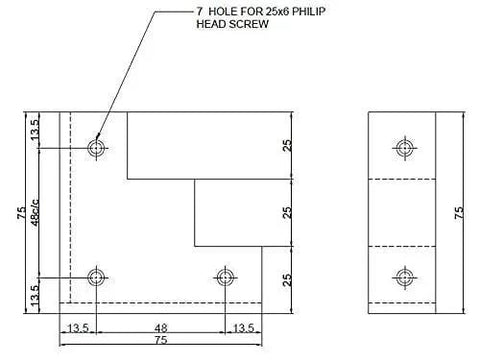 Technical diagram of Rustic Forged Iron Corner Bracket For Barn Door In Matte Black Finish 75 mm square, showing mounting hole placement.