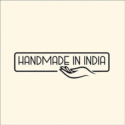 Logo with text 'Handmade in India' and hand graphic.