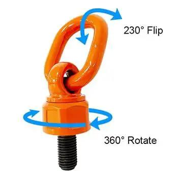 Eye Bolt M12x19 0.7 Ton Universal Swivel Hoist Ring, highlighting 230° flip and 360° rotation, orange with black threaded bolt.