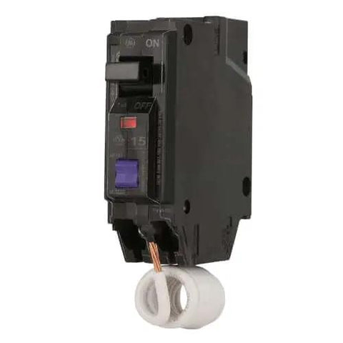 Single 15A 1-Pole Q-Line Plug-In Circuit Breaker 120/240V, side view with visible trip indicator and coiled wire, UL Listed