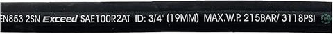 Hydraulic hose, black with white print showing EN853 2SN SAE100R2AT, ID 3/4 in (19 mm), max WP 215 bar (3118 psi).