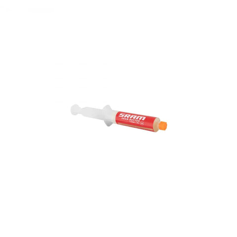 SRAM Butter grease syringe, 20 ml, red label with white SRAM logo, white body and orange nozzle