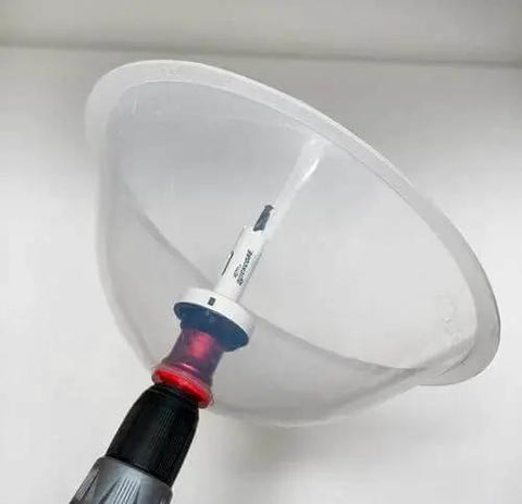 Mess Free RemGrit Blu Mol Collapsible Dust Bowl For Hole Saws And Recessed Light Installations Fits Any Hole Saw And Keeps Your Workshop Clean With Flexible High Heat And Abrasion Resistant Silicone By Disston attached to power drill