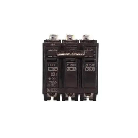 Front view of Q Line THQB320100 3 Pole Miniature Circuit Breaker 100A 120 240 VAC With Thermal Magnetic Trip And 10 kA Interrupt
