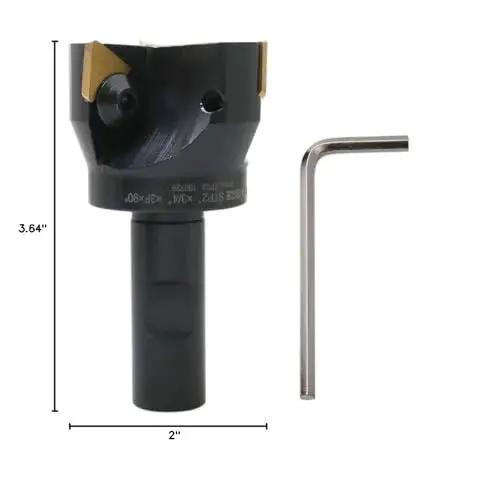 Indexable End Mill With TPG32 Carbide Inserts, Two Inch Cutting Diameter, Three Quarter Inch Straight Shank, Positive Rake Ninety Degree Right Hand Cut, Inserts Installed, Accusize Industrial Tools.